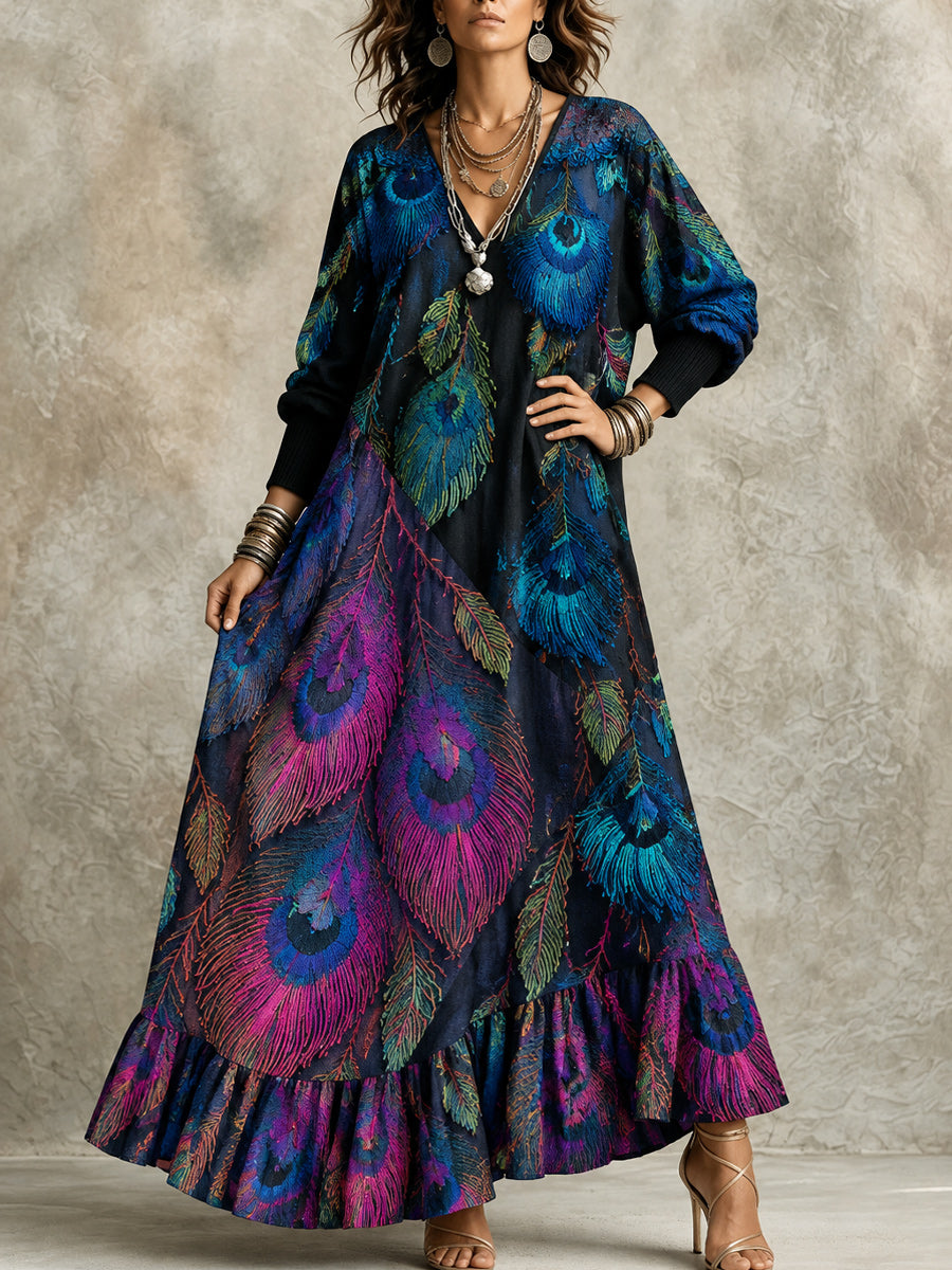 Retro Art Print Casual Vintage V-Neck Long-Sleeve Cotton Dress